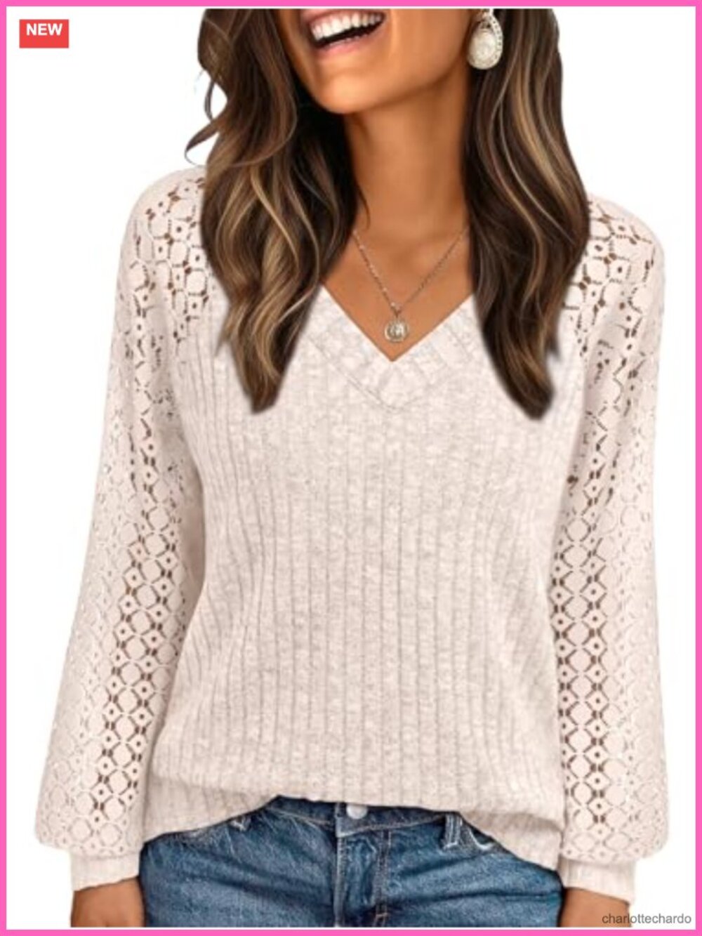 Women's V-Neck Lace Long Sleeve Tunic Blouse Soft Stretchy Pullover